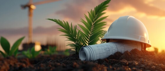 Wall Mural - White hard hat with a blueprint on ground and industry site on back, engineering and planning concept.