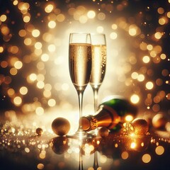 golden bokeh glitters background with two champagne glasses and one champagne bottle