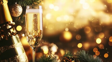 Celebratory champagne glass beside a glittering Christmas tree with festive decorations in a cozy indoor setting