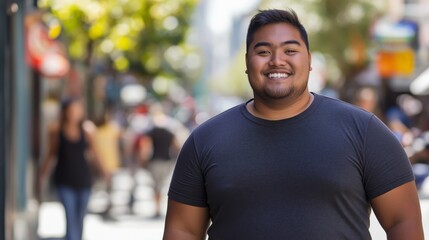 Wall Mural - Smiling Young Pacific Islander Man Outdoors, Urban Background, Focus on Diversity and Inclusivity for Print, Card, Poster