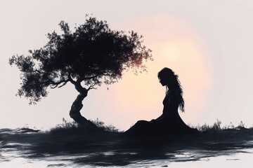 Canvas Print - Silhouette of a Woman Sitting Under a Tree