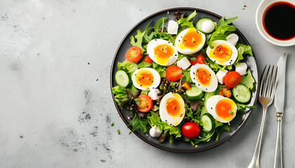 Plate of tasty salad with boiled quail eggs, soy sauce and fork on grey background