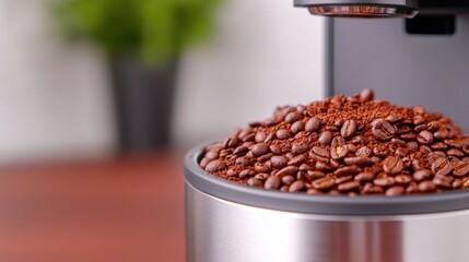 Canvas Print - A coffee beans are being poured into a machine on the table, AI