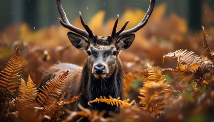 Wall Mural - Majestic red deer stag surrounded by vibrant autumn ferns