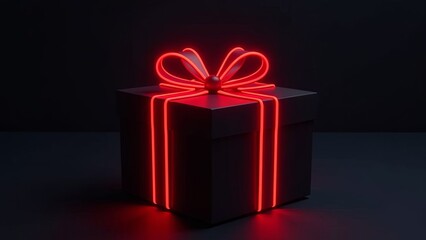 Wall Mural - black gift 3d box with red neon bow. rel ribbon, glowing present box, retail promotions, discount ev