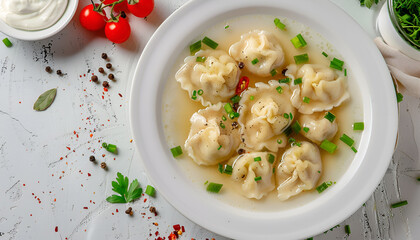 Wall Mural - Dumplings boiled in chicken broth and sprinkled with green onions on a white plate. Cherry tomatoes, peppercorns and bay leaves on a light table. Sour cream in a white bowl in the background. Top view