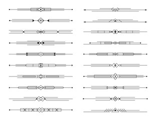 Wall Mural - Art deco dividers, menu border elements, elegant line ornament frame of vintage luxury geometric pattern with vector outline abstract shapes. Retro art deco dividers, wedding invitation border lines
