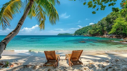 Beautiful outdoor view with umbrella and chair on the beach and sea with coconut palm tree for vacation and travel