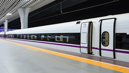 Wall Mural - Dynamic arrival of a high-speed train with white and purple exterior at an empty platform