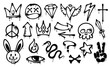 © Vector Tradition - Grunge ink graffiti spray paint icons. Vector set of black urban and street culture elements. Snake, skull, crown and rabbit head, lightning bolt, question mark and winged heart. Eye, diamond, cross