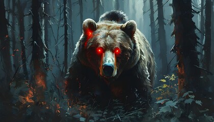 Wall Mural - Eerie red eyes of a bear emerge from the shadows of a dense forest, creating an atmosphere of mystery and intrigue.