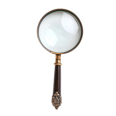 Old magnifying glass ornate handle isolated on white angled view focused light reflection.