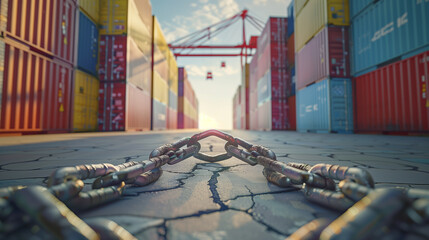 Heavy metal chain blocking access to a shipping container yard under clear sky