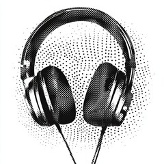 Halftone headphones, collage sticker. Dots grunge texture. Dotted photocopy illustration