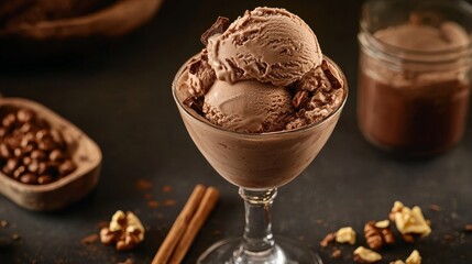 Chocolate-themed food photography ice cream, cool, frozen, scoop, glass, hazelnut, walnut, cinnamon, and coffee