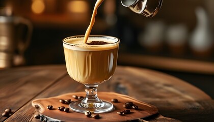 Creamy coffee liqueur gracefully poured into a glass on a rustic wooden table