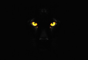 Black panther eyes background, wild cat animal face in night, yellow eyeballs in dark. Black panther eyes glow look in macro closeup, wildlife cheetah, puma or cheetah yellow evil eye