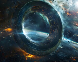 gigantic space mirror reflecting coded signals to distant planet interstellar communication concept