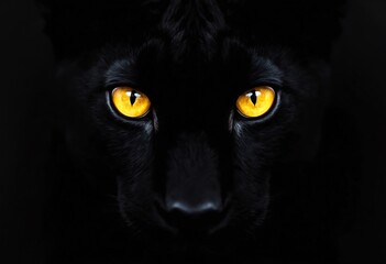 Black panther eyes background, wild cat animal face in night, yellow eyeballs in dark. Black panther eyes glow look in macro closeup, wildlife cheetah, puma or cheetah yellow evil eye