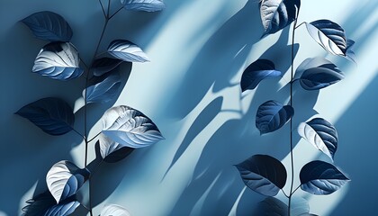 Serene Abstract Blue Gradient with Delicate Leaf Shadow Patterns on a Wall