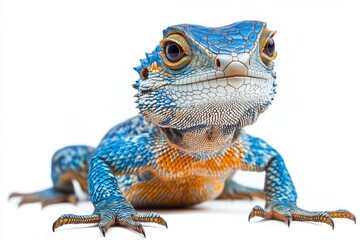 Wall Mural - Colorful lizard with red and blue spots on its back. It is standing on a rock. The lizard has a long tail. Beautiful bright lizard, bright colors, long tail, bright shining eyes