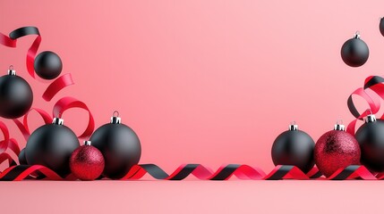 Wall Mural - Black and Red Christmas Baubles with Ribbons on Pink Background.