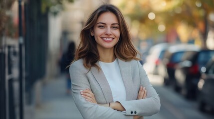 Young happy pretty smiling professional business woman, happy confident positive female entrepreneur standing outdoor on street arms crossed, looking at camera, Generative AI