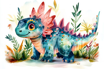 Wall Mural - Cute watercolor dinosaur illustration