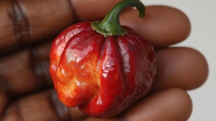 Wall Mural - Close Up of a Red Hot Pepper in a Hand