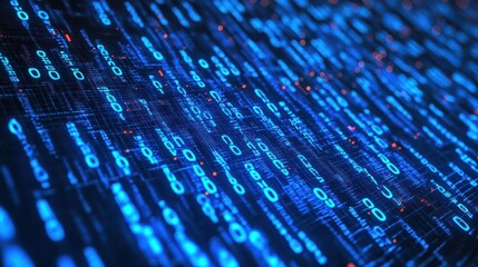 Blue digital binary data on computer screen background