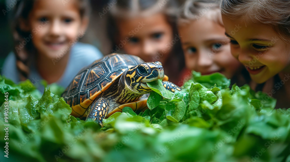 Children are fascinated as they watch a box turtle enjoying a ...