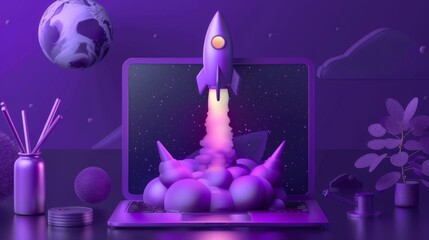 Startup concept. A space rocket takes off from a laptop.