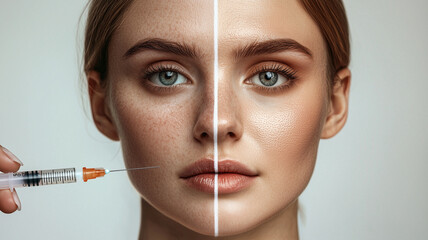 Poster - Woman’s Face Natural Skin vs. Fully Made Up with Syringe Transformation..