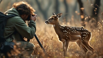 Wall Mural - wildlife photographer capturing rare moment of wild animal in natural habitat, highlighting significance of biodiversity conservation