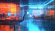 © Johannes - Modern neon cyberpunk open space office interior blurred with information technology overlay. Corporate strategy for finance, operations, marketing. Tables with computers for work. Technology