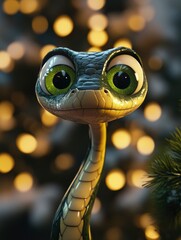 Wall Mural - Funny cute snake with big green eyes on 2025 new year background, 3d style