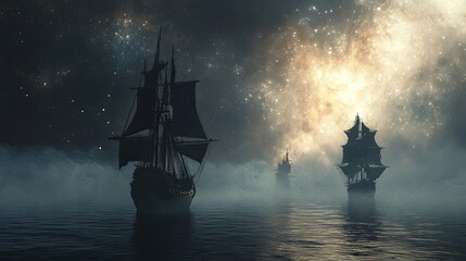 Wall Mural - Three Silhouetted Ships Sail Through a Foggy Sea Under a Starry Sky