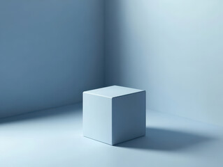 Canvas Print - Blue cube in corner with soft light and shadow, minimalist design.