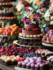 A table full of desserts including a chocolate cake with raspberries