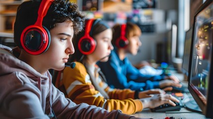 Wall Mural - children engaged in personalized digital learning experience with headphones and computers