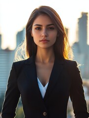 Wall Mural - A woman in a black business suit stands in front of a city skyline