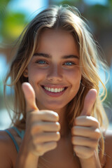 Wall Mural - Portrait of a cheerful girl with a big smile, giving a thumbs-up sign. Perfect for expressing positivity and approval.