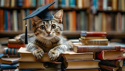 Confused cat in graduation cap perched on a book pile, embodying humorous incongruity and whimsical academia.