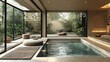 © I.Z.A - Modern indoor spa with a serene view of nature.