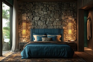 Wall Mural - interior design natural hotel bedroom with stacked stone and bamboo panels wall, dark blue wooden bed with soft royal carving and elegant wooden floor 