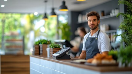 Smiling barista working at the counter in a cafe.