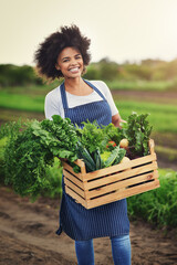 farming, portrait and box with woman in countryside for sustainability, environment and vegetables s
