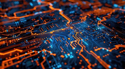 Wall Mural - Electronic Technology. Orange and Blue Circuit Board Background with Code and Chips