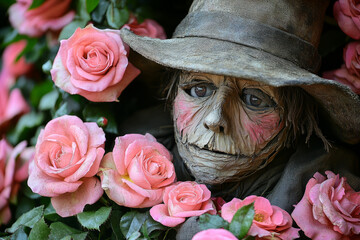 A scarecrow is sitting in a bed of pink roses