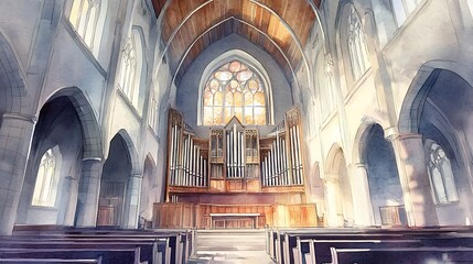 Sticker - Watercolor Painting of Church Interior with Pipe Organ.